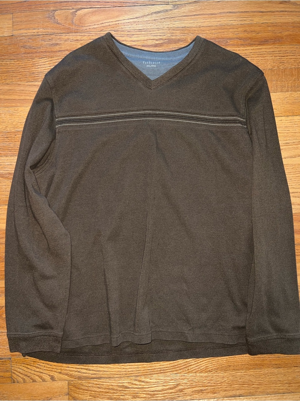 Van Heusen Men's V-Neck Long Sleeve Sweater in brown with stripe detail